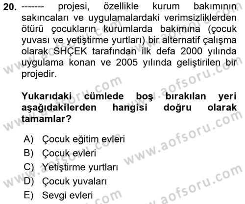 Aile Ve Çocukla Sosyal Hizmet Dersi 2018 - 2019 Yılı (Final) Dönem Sonu Sınav Soruları 20. Soru
