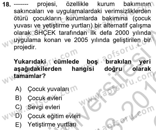 Aile Ve Çocukla Sosyal Hizmet Dersi 2018 - 2019 Yılı Yaz Okulu Sınav Soruları 18. Soru