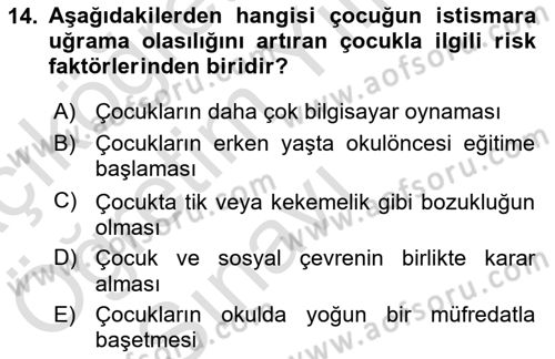 Aile Ve Çocukla Sosyal Hizmet Dersi 2021 - 2022 Yılı Yaz Okulu Sınav Soruları 14. Soru