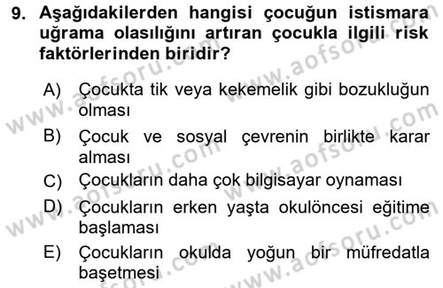 Aile Ve Çocukla Sosyal Hizmet Dersi 2022 - 2023 Yılı Yaz Okulu Sınav Soruları 9. Soru