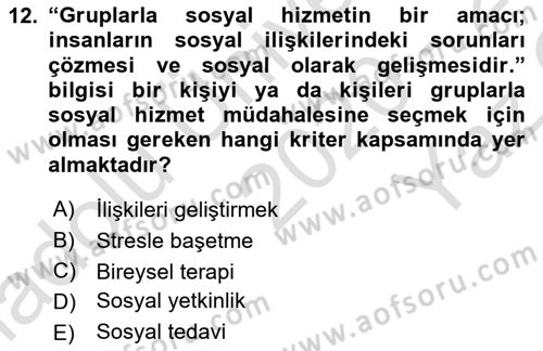 Gruplarla Sosyal Hizmet Dersi 2020 - 2021 Yılı Yaz Okulu Sınav Soruları 12. Soru