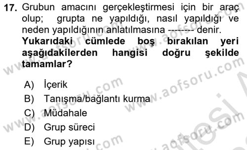 Gruplarla Sosyal Hizmet Dersi 2021 - 2022 Yılı (Vize) Ara Sınavı 17. Soru