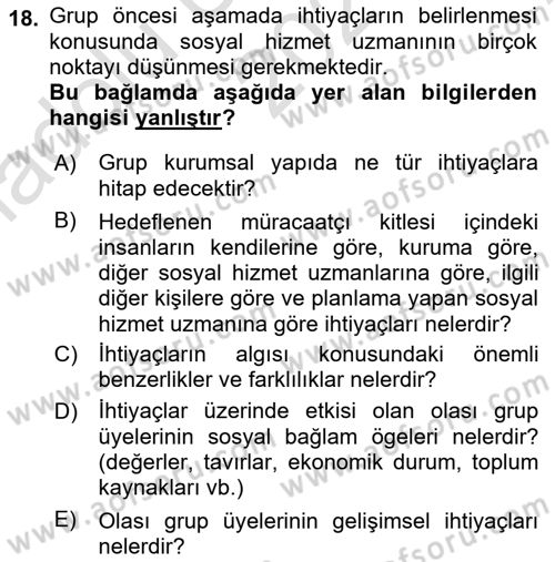 Gruplarla Sosyal Hizmet Dersi 2021 - 2022 Yılı (Vize) Ara Sınavı 18. Soru