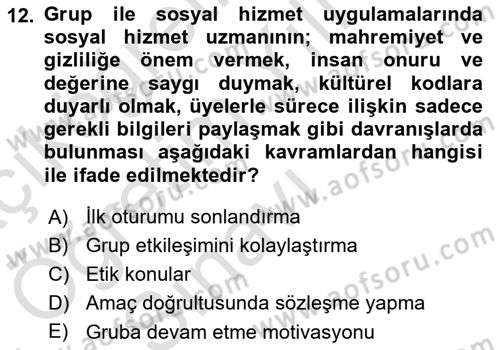 Gruplarla Sosyal Hizmet Dersi 2021 - 2022 Yılı Yaz Okulu Sınavı 12. Soru