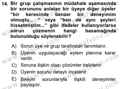 Gruplarla Sosyal Hizmet Dersi 2022 - 2023 Yılı (Final) Dönem Sonu Sınavı 14. Soru