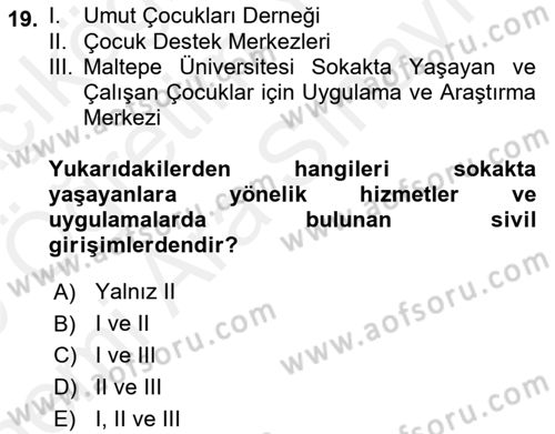 Sokak Sosyal Hizmeti Ve Adli Sosyal Hizmet Dersi 2018 - 2019 Yılı (Vize) Ara Sınavı 19. Soru