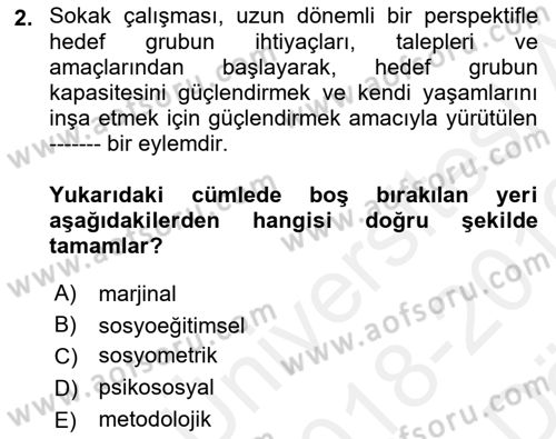 Sokak Sosyal Hizmeti Ve Adli Sosyal Hizmet Dersi 2018 - 2019 Yılı (Vize) Ara Sınav Soruları 2. Soru