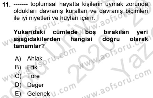 Sosyal Hizmet Etiği Dersi 2020 - 2021 Yılı Yaz Okulu Sınav Soruları 11. Soru