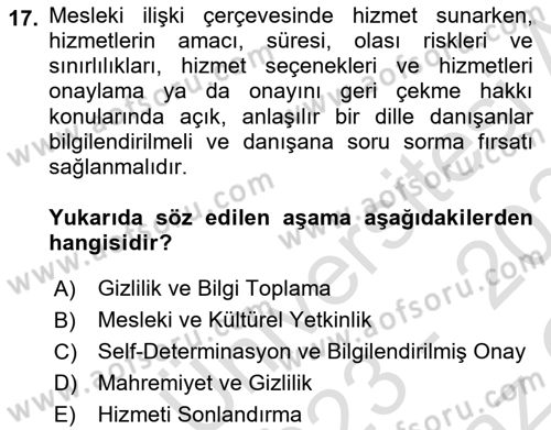 Sosyal Hizmet Etiği Dersi 2023 - 2024 Yılı Yaz Okulu Sınav Soruları 17. Soru