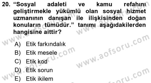 Sosyal Hizmet Etiği Dersi 2023 - 2024 Yılı Yaz Okulu Sınav Soruları 20. Soru
