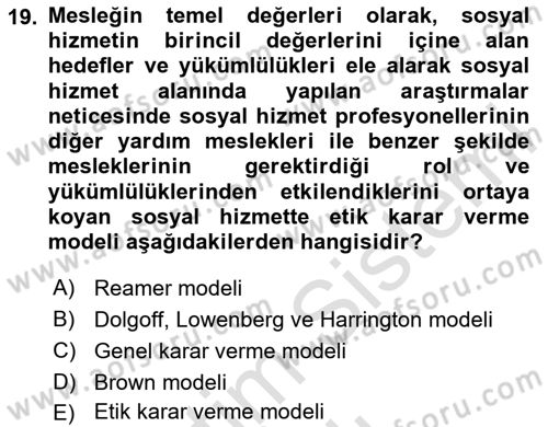 Sosyal Hizmet Etiği Dersi 2025 - 2026 Yılı (Vize) Ara Sınav Soruları 19. Soru