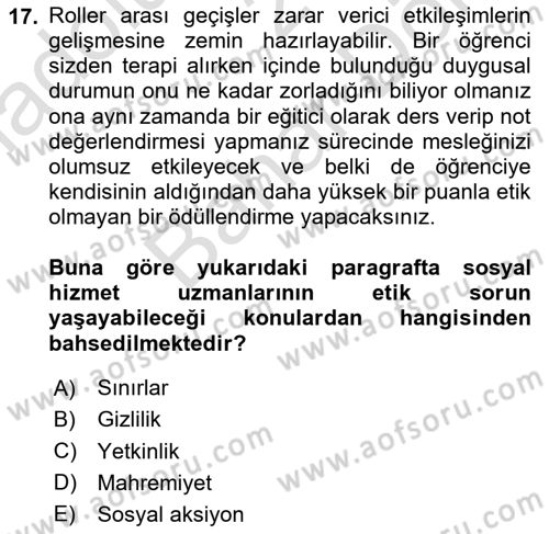 Sosyal Hizmet Etiği Dersi 2025 - 2026 Yılı (Final) Dönem Sonu Sınav Soruları 17. Soru