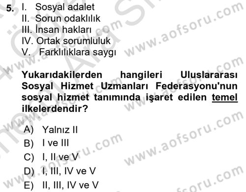 Toplumla Sosyal Hizmet Dersi 2023 - 2024 Yılı (Vize) Ara Sınav Soruları 5. Soru