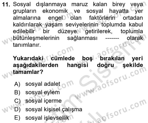 Toplumla Sosyal Hizmet Dersi 2024 - 2025 Yılı (Vize) Ara Sınav Soruları 11. Soru