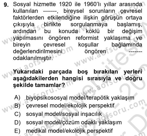Toplumla Sosyal Hizmet Dersi 2024 - 2025 Yılı (Vize) Ara Sınav Soruları 9. Soru