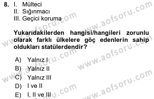 Göçmen Ve Sığınmacılarla Sosyal Hizmet Dersi 2023 - 2024 Yılı Yaz Okulu Sınav Soruları 8. Soru