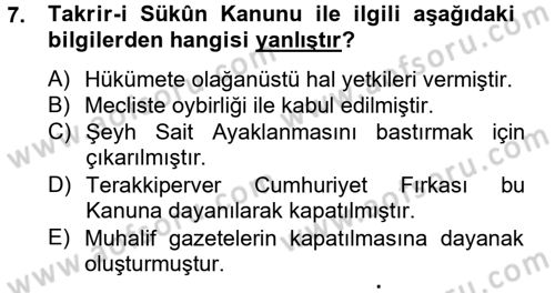 Türk Siyasal Hayatı Dersi 2012 - 2013 Yılı (Vize) Ara Sınav Soruları 7. Soru