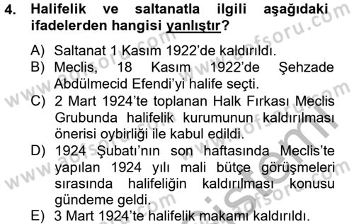 Türk Siyasal Hayatı Dersi 2012 - 2013 Yılı (Final) Dönem Sonu Sınav Soruları 4. Soru