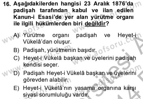 Türk Siyasal Hayatı Dersi 2013 - 2014 Yılı (Vize) Ara Sınav Soruları 16. Soru