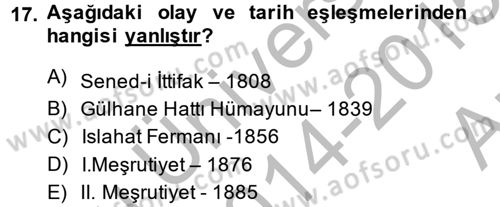 Türk Siyasal Hayatı Dersi 2014 - 2015 Yılı (Vize) Ara Sınav Soruları 17. Soru