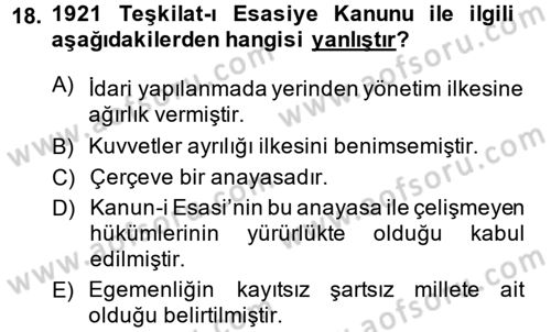 Türk Siyasal Hayatı Dersi 2014 - 2015 Yılı (Vize) Ara Sınav Soruları 18. Soru