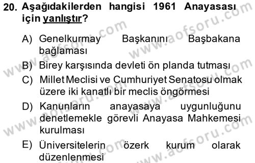 Türk Siyasal Hayatı Dersi 2014 - 2015 Yılı (Vize) Ara Sınav Soruları 20. Soru