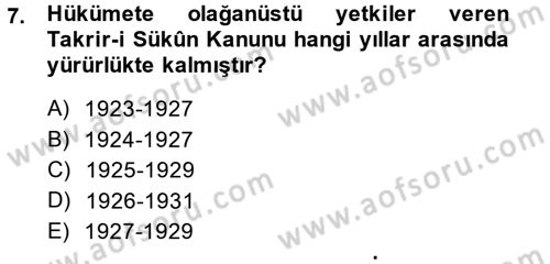 Türk Siyasal Hayatı Dersi 2014 - 2015 Yılı (Vize) Ara Sınav Soruları 7. Soru