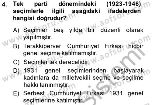 Türk Siyasal Hayatı Dersi 2014 - 2015 Yılı (Final) Dönem Sonu Sınav Soruları 4. Soru