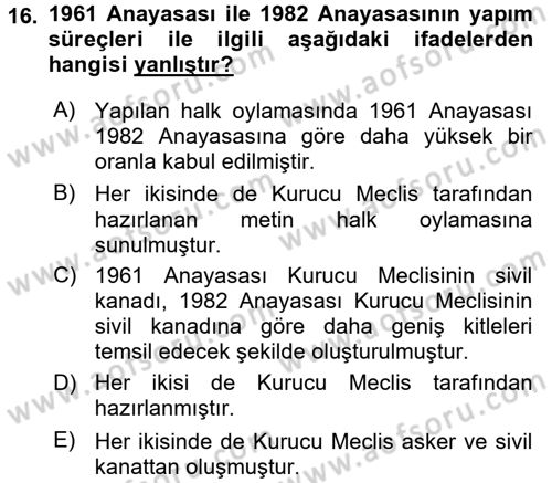 Türk Siyasal Hayatı Dersi 2015 - 2016 Yılı (Vize) Ara Sınav Soruları 16. Soru