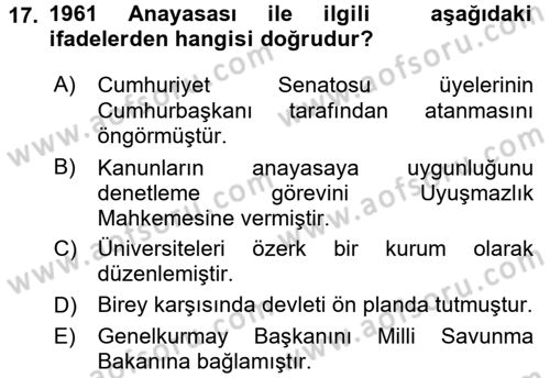 Türk Siyasal Hayatı Dersi 2015 - 2016 Yılı (Vize) Ara Sınav Soruları 17. Soru
