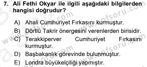 Türk Siyasal Hayatı Dersi 2015 - 2016 Yılı (Vize) Ara Sınav Soruları 7. Soru