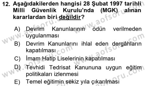 Türk Siyasal Hayatı Dersi 2015 - 2016 Yılı (Final) Dönem Sonu Sınav Soruları 12. Soru