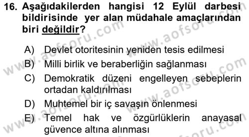 Türk Siyasal Hayatı Dersi 2015 - 2016 Yılı (Final) Dönem Sonu Sınav Soruları 16. Soru