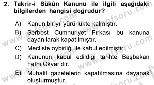 Türk Siyasal Hayatı Dersi 2015 - 2016 Yılı (Final) Dönem Sonu Sınav Soruları 2. Soru