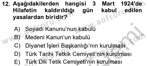 Türk Siyasal Hayatı Dersi 2016 - 2017 Yılı 3 Ders Sınav Soruları 12. Soru