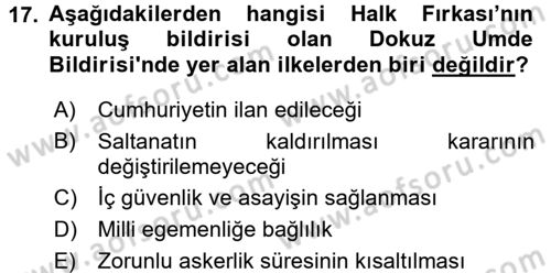 Türk Siyasal Hayatı Dersi 2016 - 2017 Yılı (Vize) Ara Sınav Soruları 17. Soru