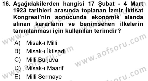 Türk Siyasal Hayatı Dersi 2016 - 2017 Yılı (Final) Dönem Sonu Sınav Soruları 16. Soru