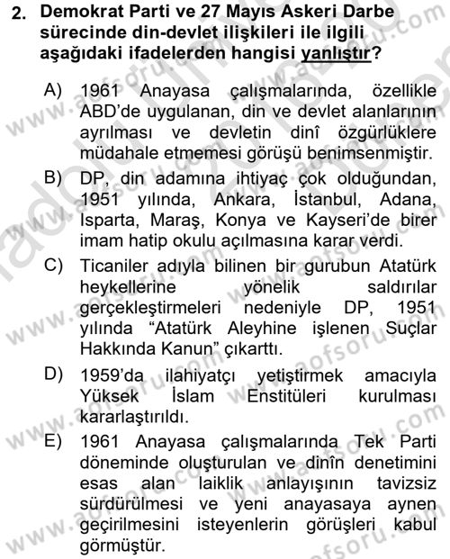 Türk Siyasal Hayatı Dersi 2016 - 2017 Yılı (Final) Dönem Sonu Sınav Soruları 2. Soru