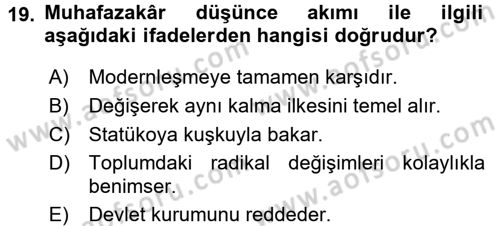 Türk Siyasal Hayatı Dersi 2017 - 2018 Yılı 3 Ders Sınav Soruları 19. Soru
