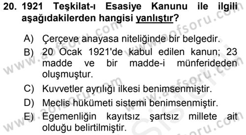 Türk Siyasal Hayatı Dersi 2017 - 2018 Yılı 3 Ders Sınav Soruları 20. Soru