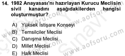 Türk Siyasal Hayatı Dersi 2017 - 2018 Yılı (Vize) Ara Sınavı 14. Soru