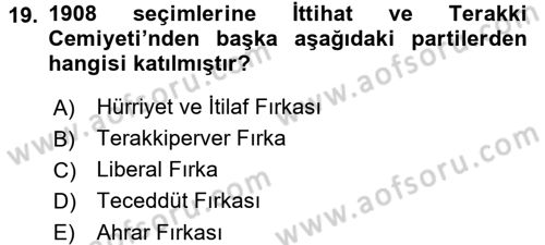 Türk Siyasal Hayatı Dersi 2017 - 2018 Yılı (Vize) Ara Sınavı 19. Soru