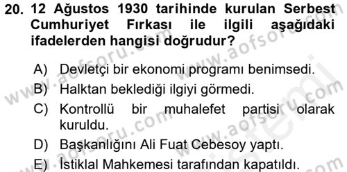 Türk Siyasal Hayatı Dersi 2017 - 2018 Yılı (Vize) Ara Sınavı 20. Soru