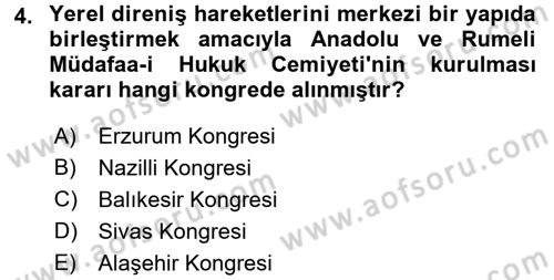 Türk Siyasal Hayatı Dersi 2017 - 2018 Yılı (Vize) Ara Sınavı 4. Soru