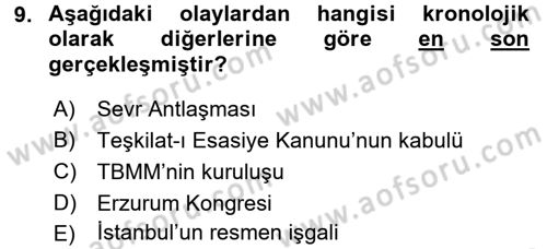 Türk Siyasal Hayatı Dersi 2017 - 2018 Yılı (Vize) Ara Sınavı 9. Soru