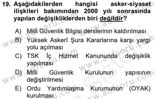 Türk Siyasal Hayatı Dersi 2017 - 2018 Yılı (Final) Dönem Sonu Sınav Soruları 19. Soru