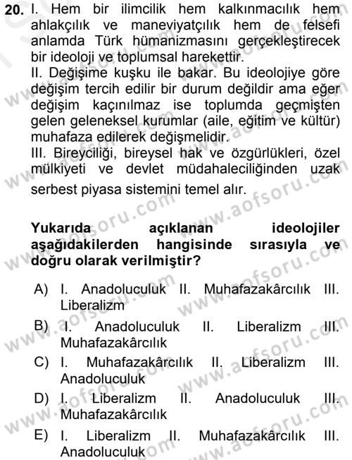 Türk Siyasal Hayatı Dersi 2017 - 2018 Yılı (Final) Dönem Sonu Sınav Soruları 20. Soru
