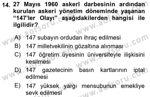 Türk Siyasal Hayatı Dersi 2018 - 2019 Yılı 3 Ders Sınav Soruları 14. Soru