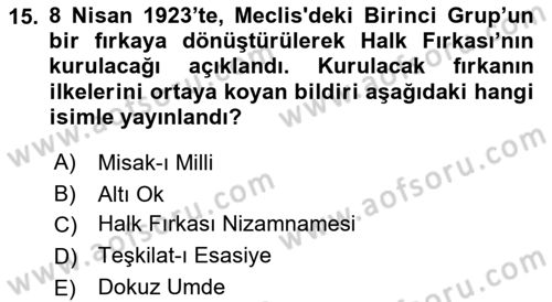 Türk Siyasal Hayatı Dersi 2018 - 2019 Yılı 3 Ders Sınav Soruları 15. Soru