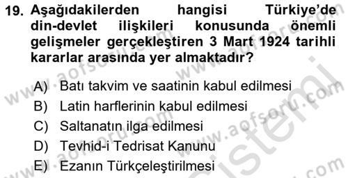Türk Siyasal Hayatı Dersi 2018 - 2019 Yılı 3 Ders Sınav Soruları 19. Soru